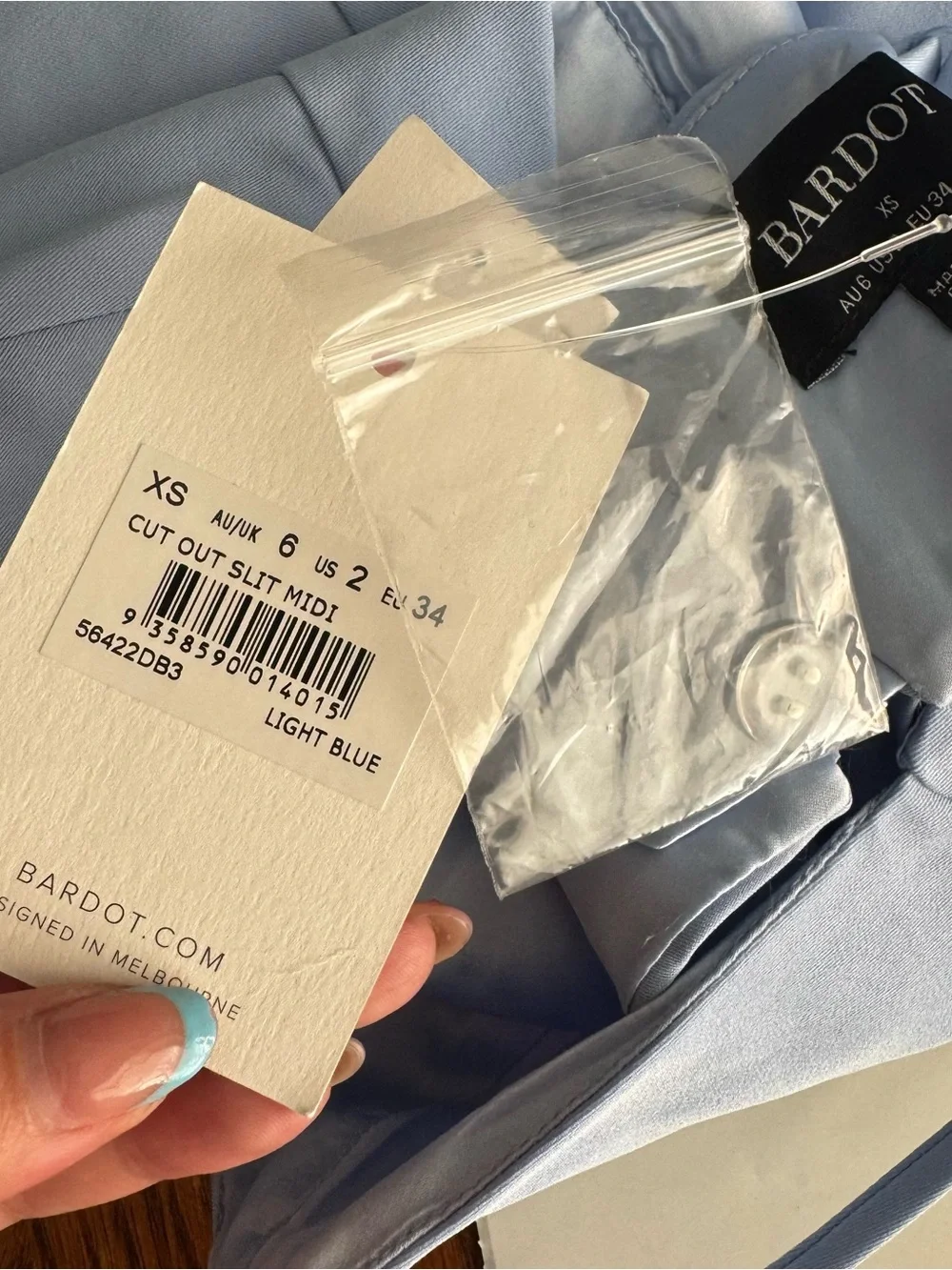 Bardot cut out slit midi in light blue NWT SZ XS